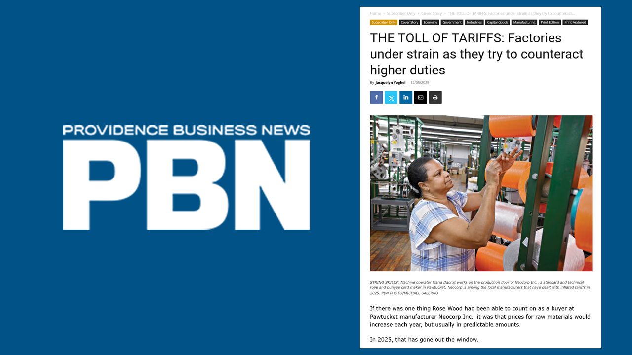 PBN logo and crop of article on toll of tariffs quoting Rose Wood of Neocorp and Erin Read of Nterprisers